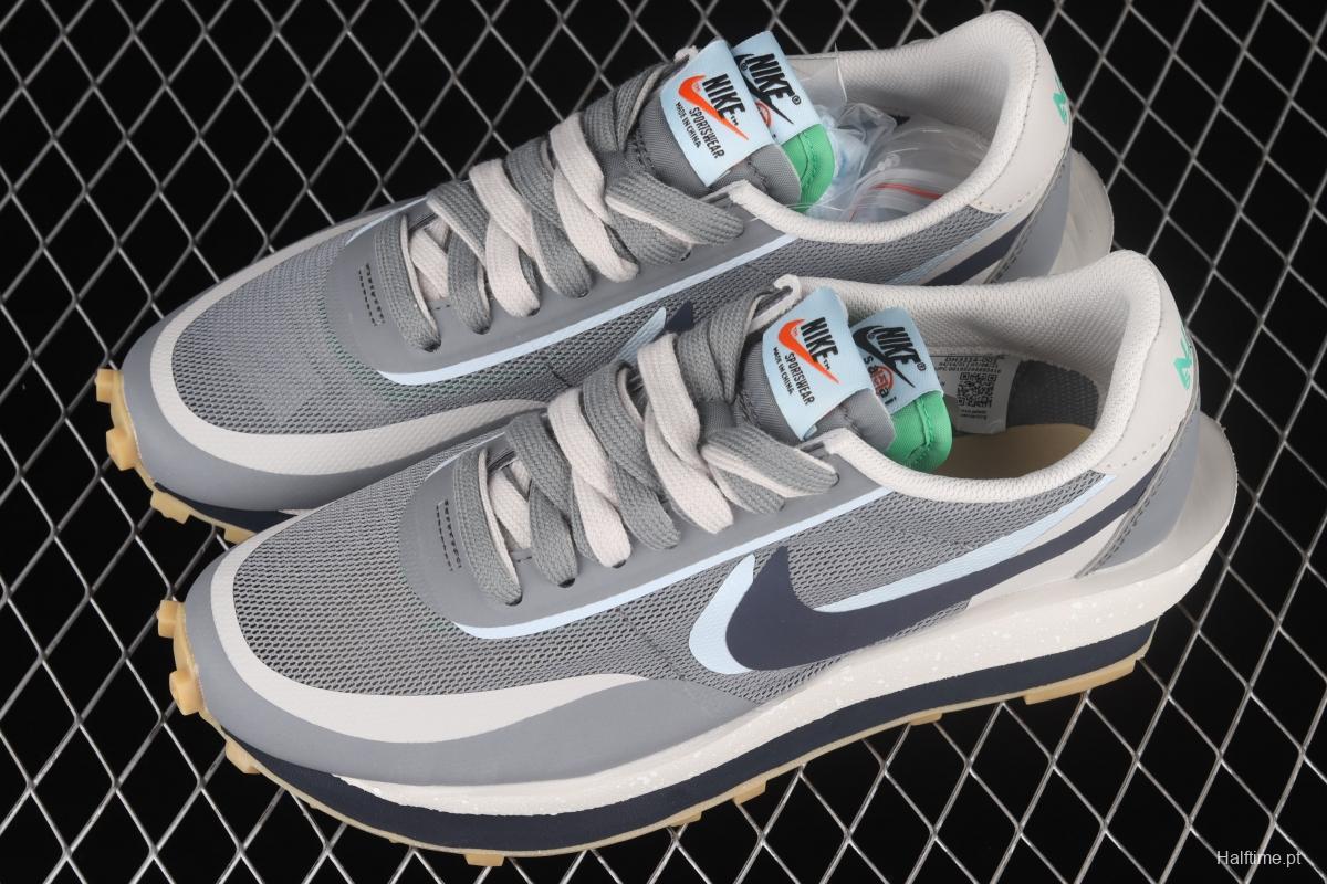 Clot x Sacai x NIKE LDWaffle Cool Grey gray and blue deconstruction tripartite joint name waffle double hook catwalk style casual shoes DH3114-001