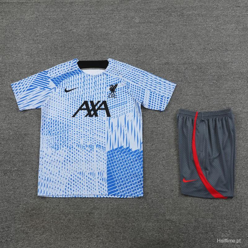 23-24 Liverpool White/Blue Grid Short Sleeve+Shorts