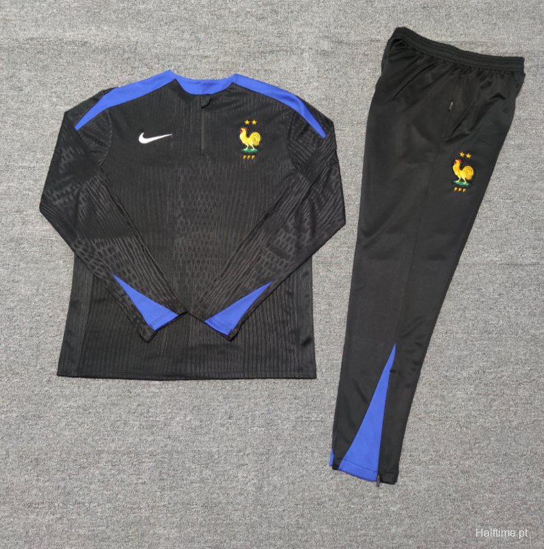 Player Version 2024 Kids France Black Half Zipper Jacket+Long Pants