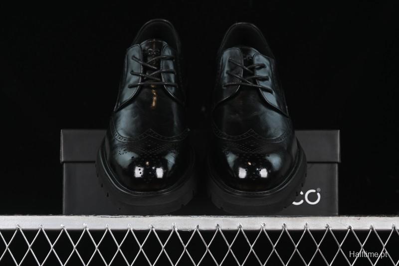 Ecco Block Brogue Business Derby Round Toe Genuine Leather Dress Shoes - 63667201001