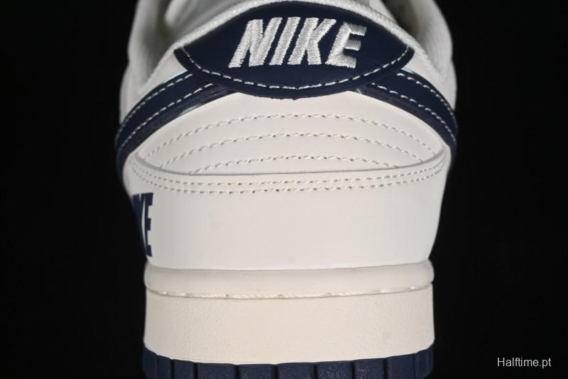 Nike SB Dunk Low Anniversary Premium Custom Low-Top Casual Skate Shoes in Off-White with Navy Blue Swoosh - SJ1089-004