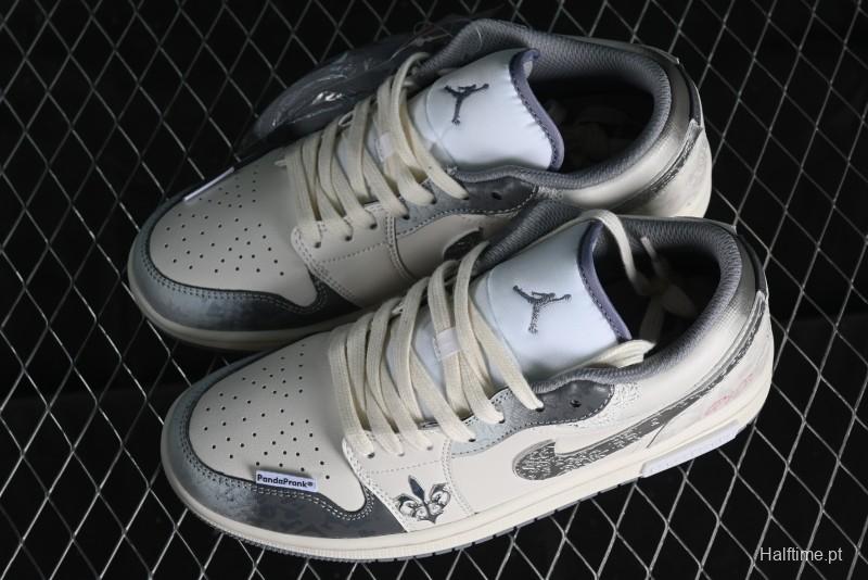 Nike Air Jordan 1 Low AJ1 Panda Prank Modern Gray Floral Low-Top Casual Sneakers - 553560-053